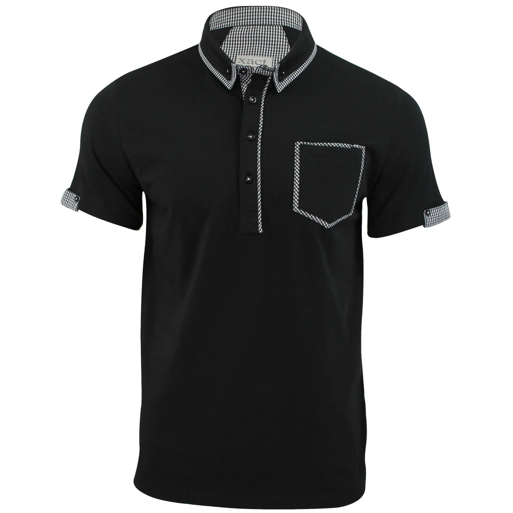 Mens Polo Shirt Xact Clothing Cotton Rich Gingham Collar & Trims Stretch Lycra (Black)