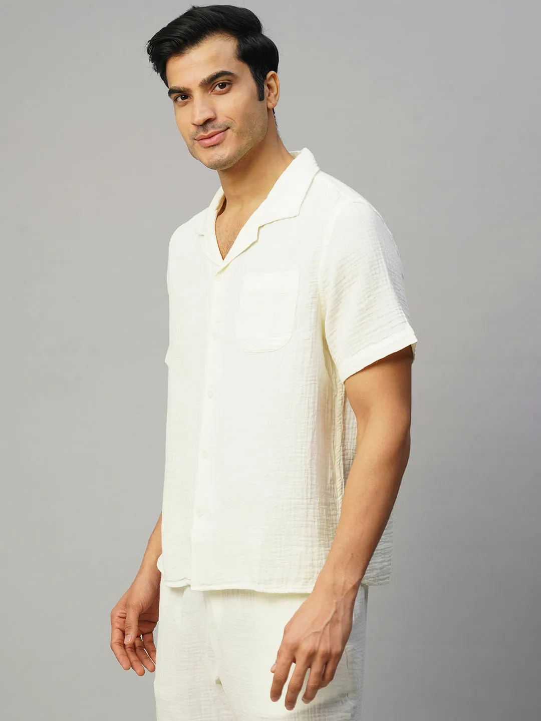 Men's White Cotton Loose Fit Shirt