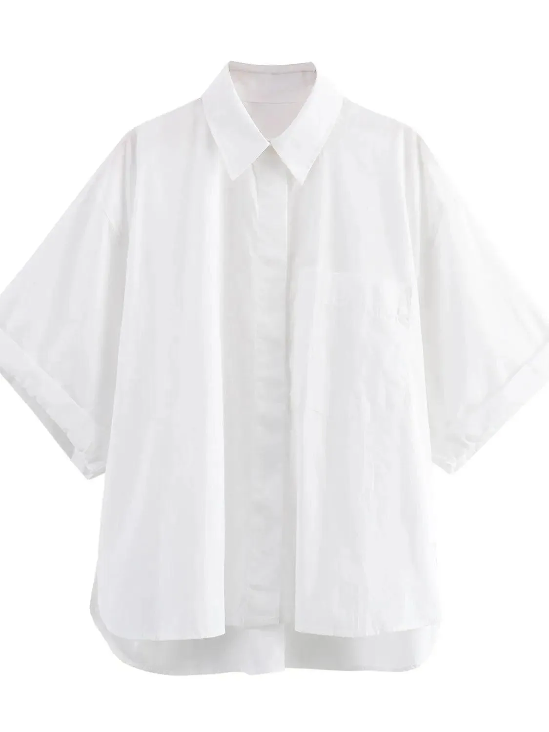 Pocket Poplin Shirt Collared Short Sleeve Front Button Tops