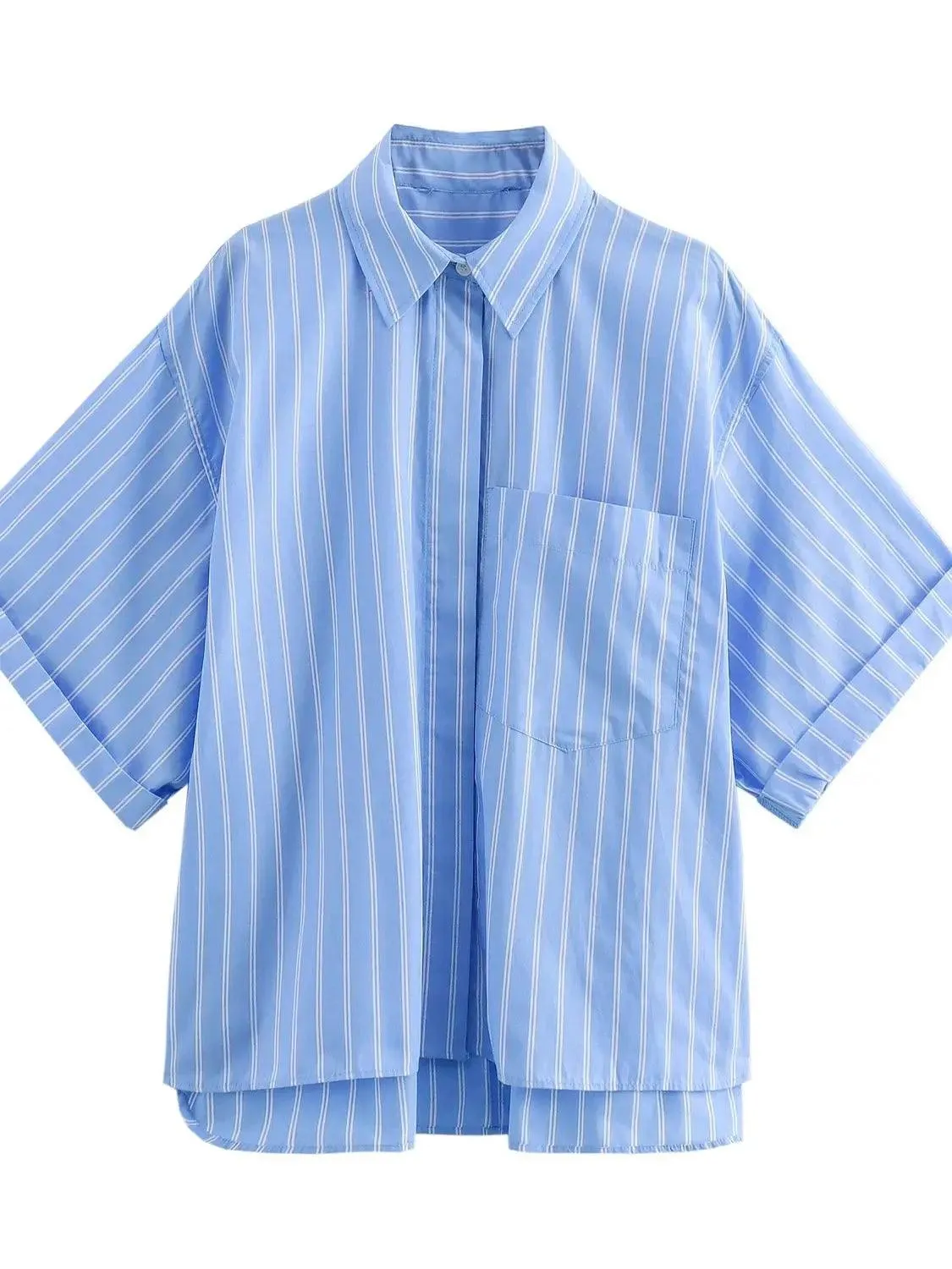 Pocket Poplin Shirt Collared Short Sleeve Front Button Tops