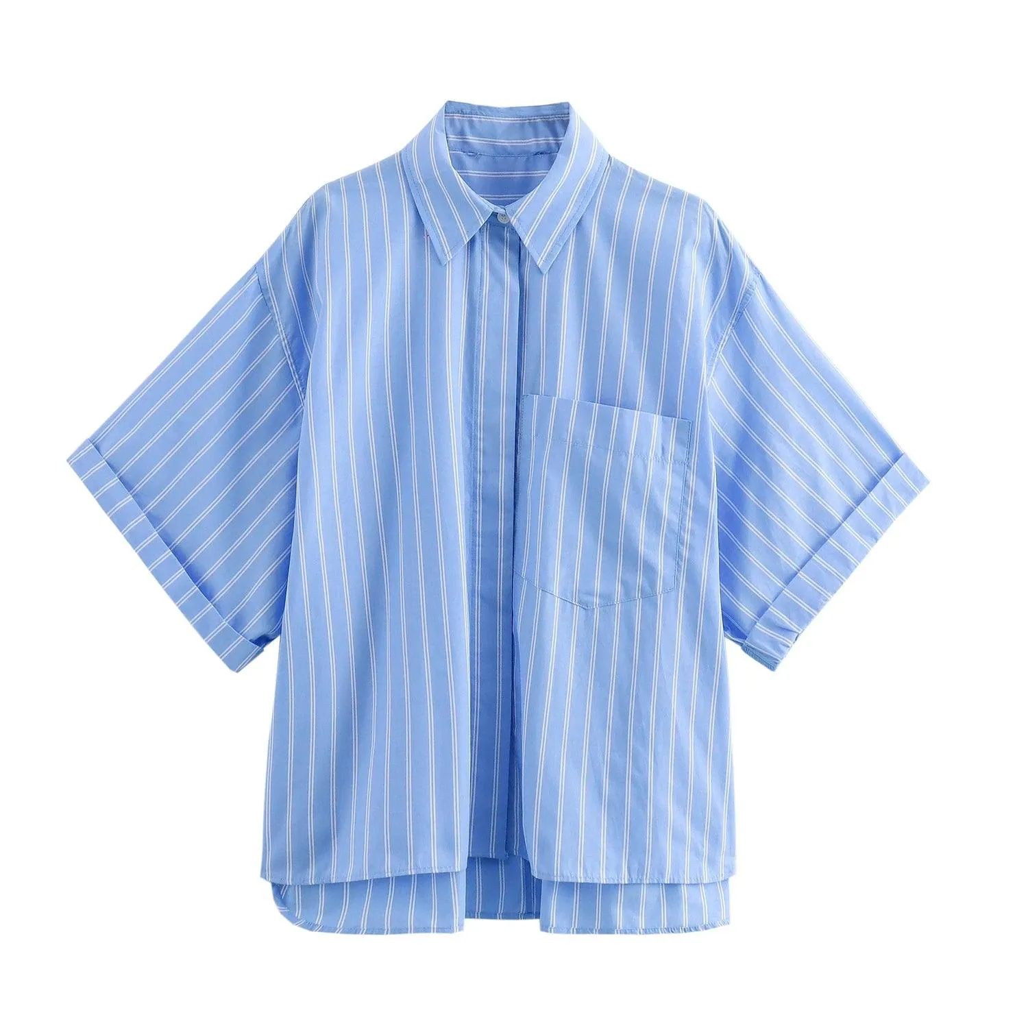 Pocket Poplin Shirt Collared Short Sleeve Front Button Tops