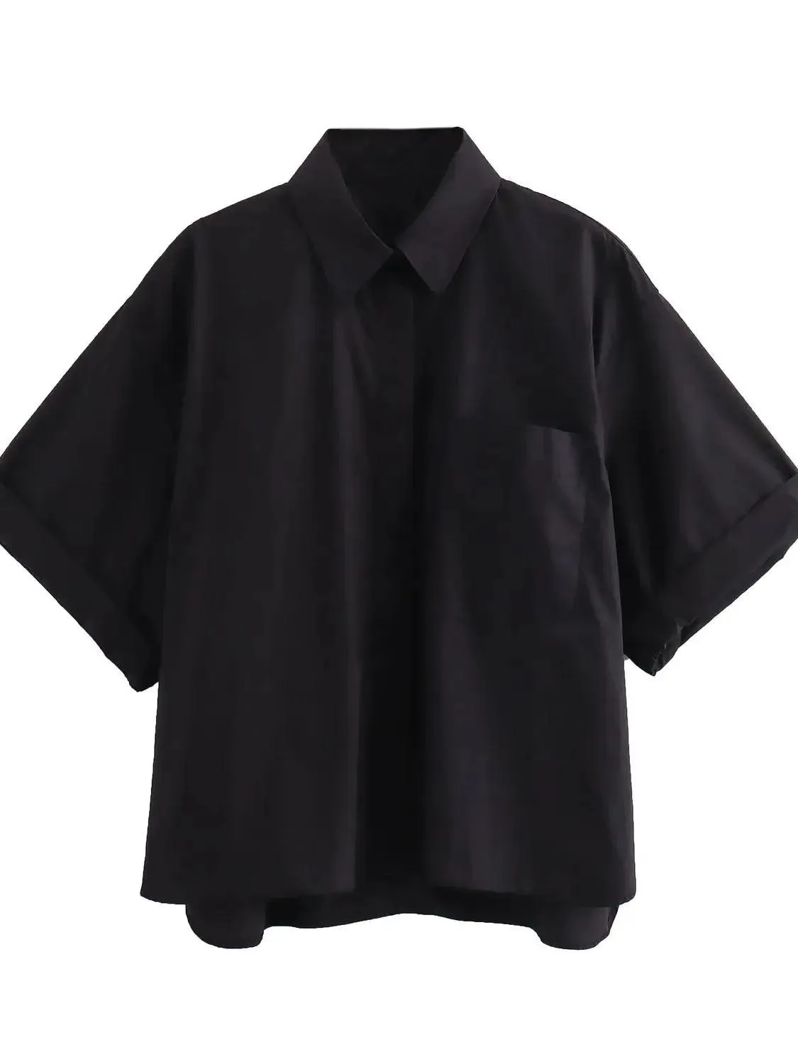 Pocket Poplin Shirt Collared Short Sleeve Front Button Tops