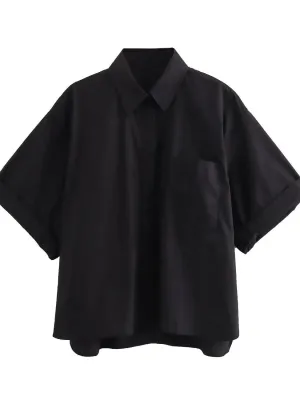 Pocket Poplin Shirt Collared Short Sleeve Front Button Tops