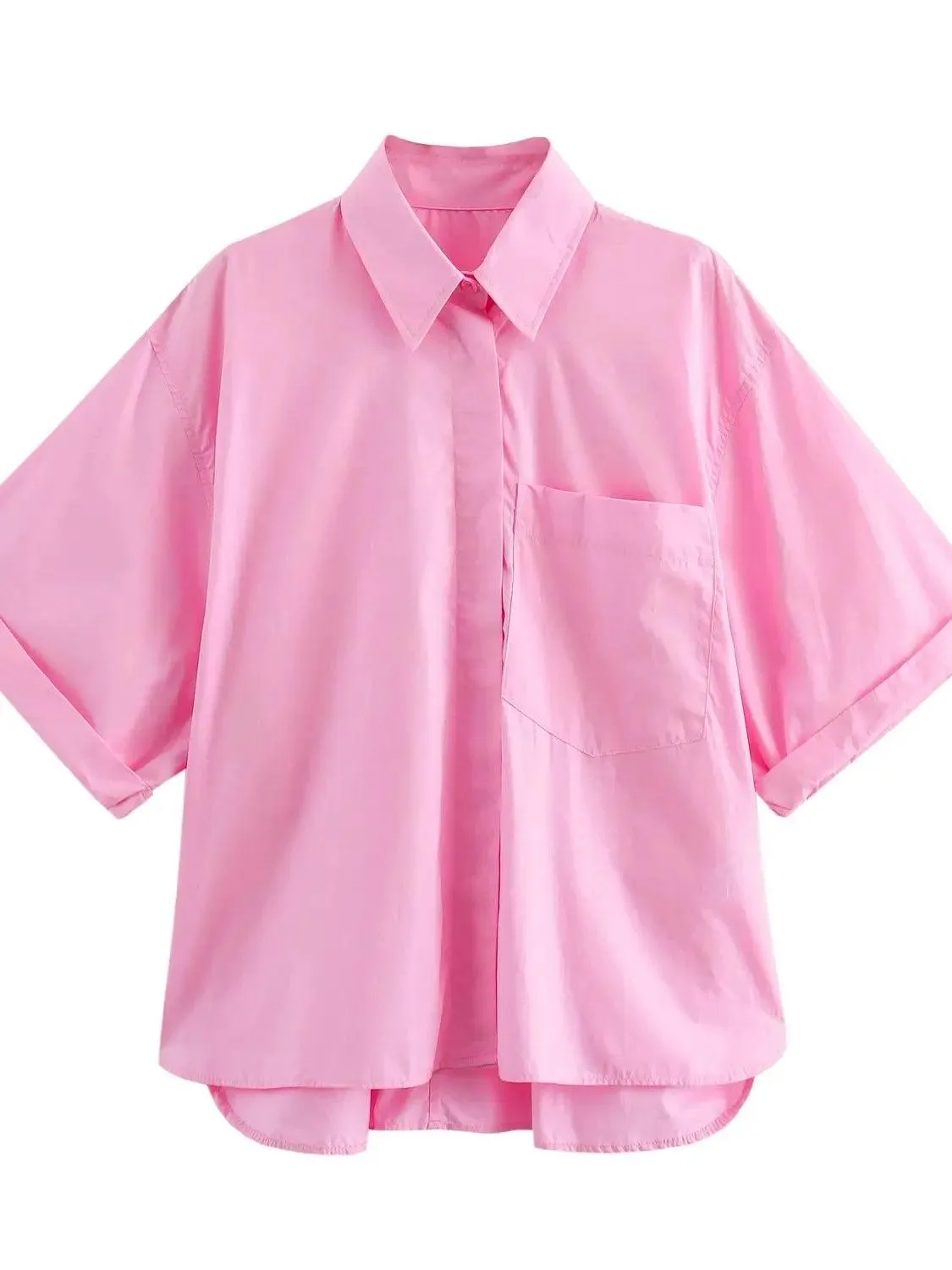 Pocket Poplin Shirt Collared Short Sleeve Front Button Tops