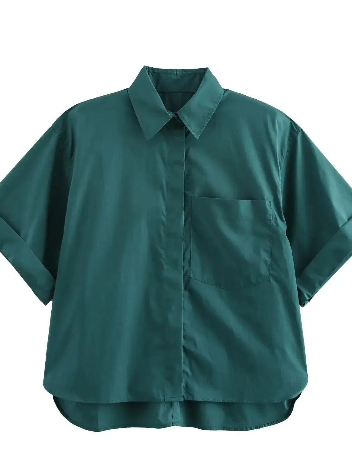 Pocket Poplin Shirt Collared Short Sleeve Front Button Tops