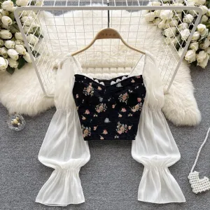 Purpdrank - Floral Print Blouse Women Court Patchwork Flare Sleeve Elastic Waist Spring French Style Female Backless Short Tops