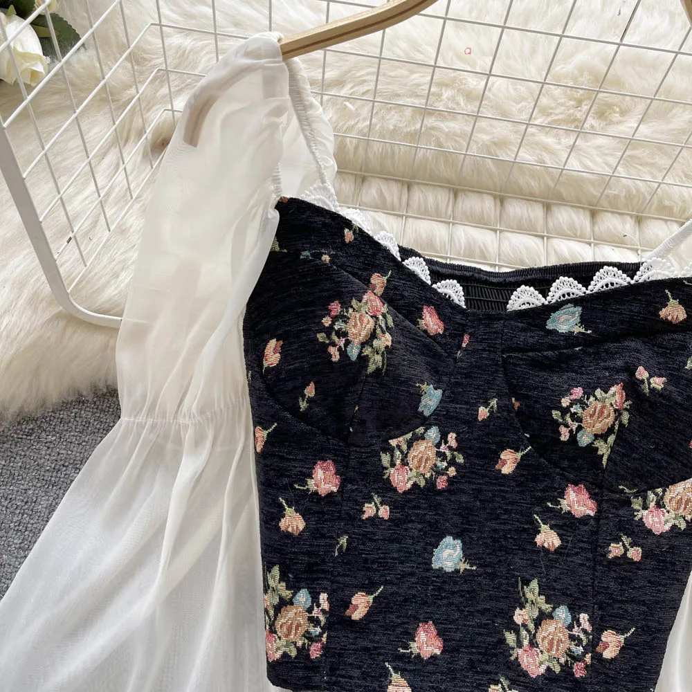 Purpdrank - Floral Print Blouse Women Court Patchwork Flare Sleeve Elastic Waist Spring French Style Female Backless Short Tops