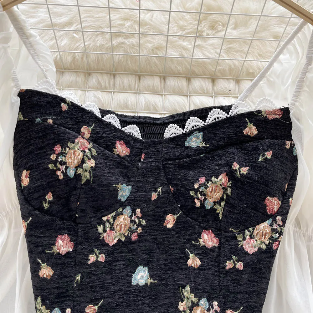 Purpdrank - Floral Print Blouse Women Court Patchwork Flare Sleeve Elastic Waist Spring French Style Female Backless Short Tops