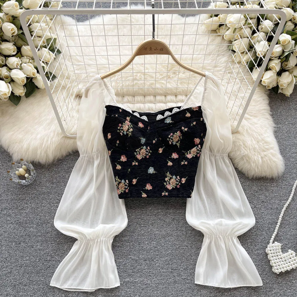 Purpdrank - Floral Print Blouse Women Court Patchwork Flare Sleeve Elastic Waist Spring French Style Female Backless Short Tops