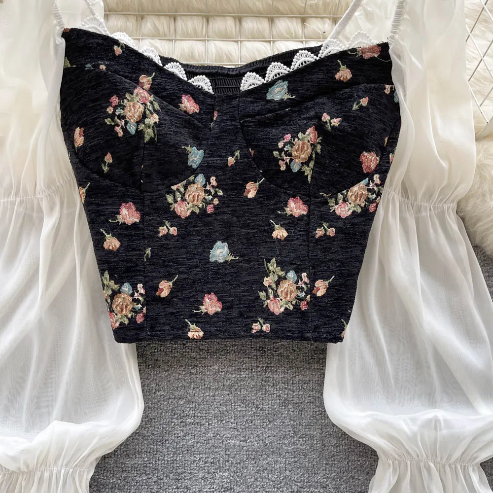Purpdrank - Floral Print Blouse Women Court Patchwork Flare Sleeve Elastic Waist Spring French Style Female Backless Short Tops