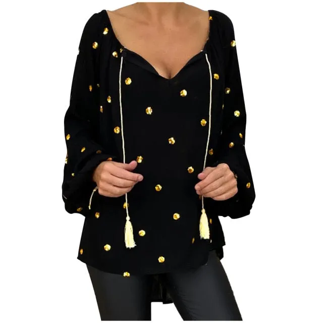 "Fiona" Loose Long Sleeve Blouse with Tassels