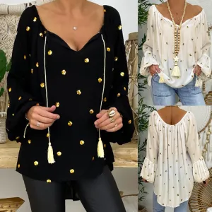 "Fiona" Loose Long Sleeve Blouse with Tassels