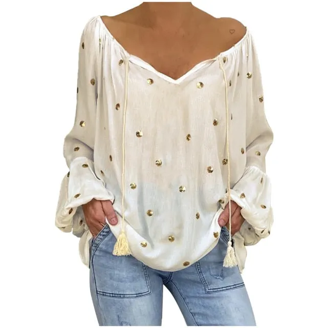 "Fiona" Loose Long Sleeve Blouse with Tassels