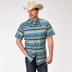 Roper Men's Blue Southwest Aztec Short Sleeve