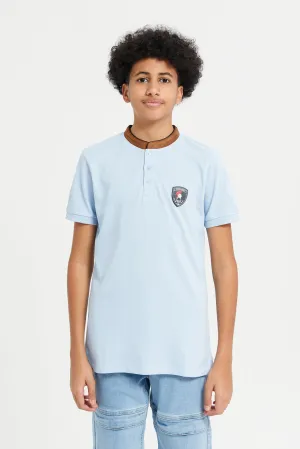 Senior Boys Blue Mandarin Collar Polo T-Shirt