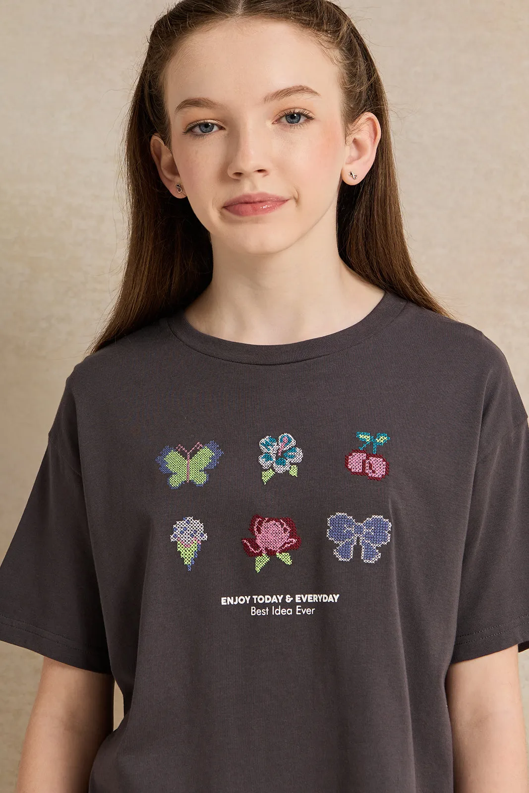 Senior Girls Charcoal Printed T-Shirt