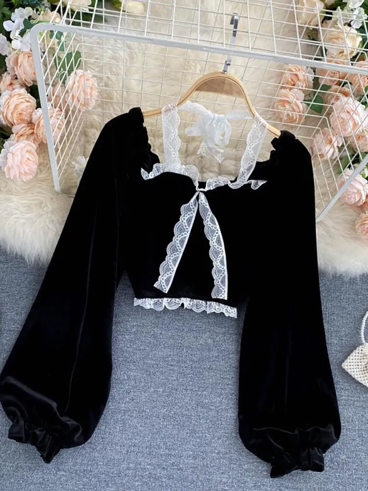 Sexy Halter Lace Patchwork Short Blouse