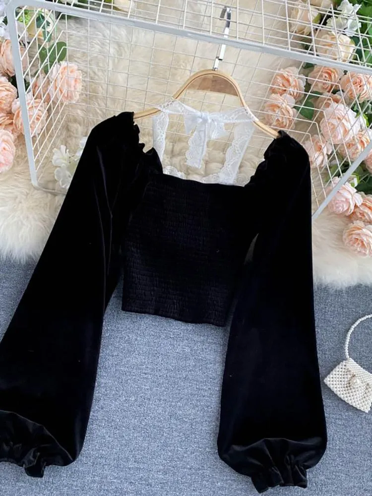 Sexy Halter Lace Patchwork Short Blouse