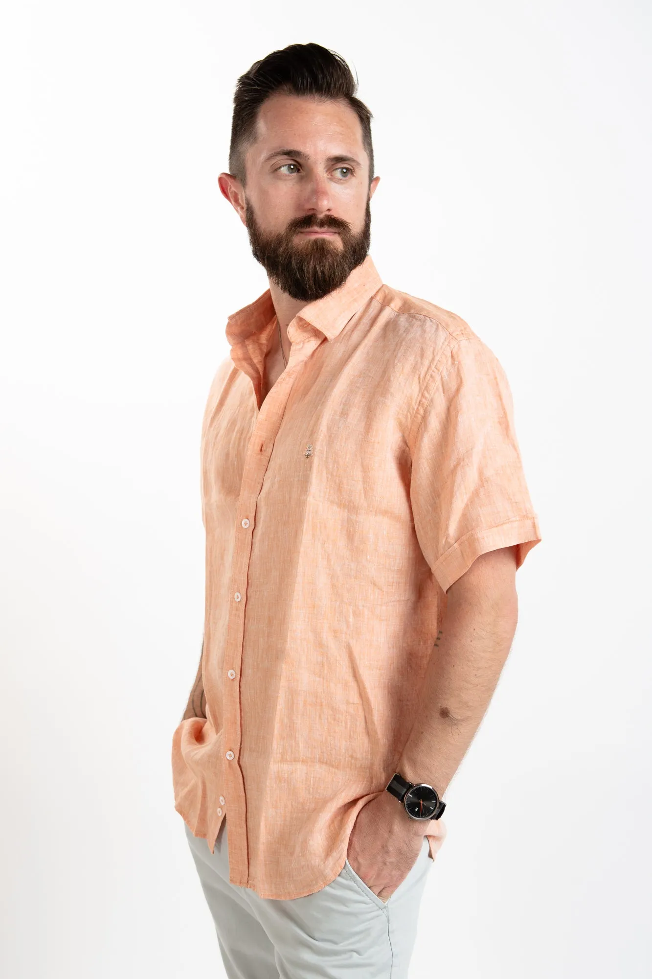 Short Sleeve Linen Shirt - Coral