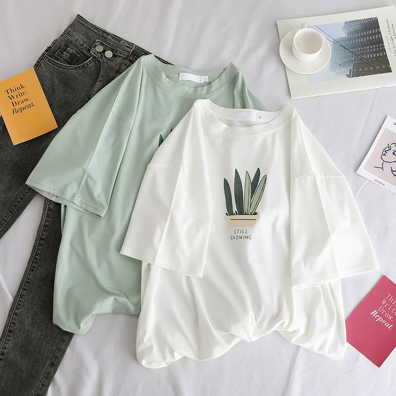 Short Sleeve T-Shirt Women Loose Minimalist Summer Popular cecWhite INS Round-Neck Half Sleeved Fresh Looking Tops T-Shirt