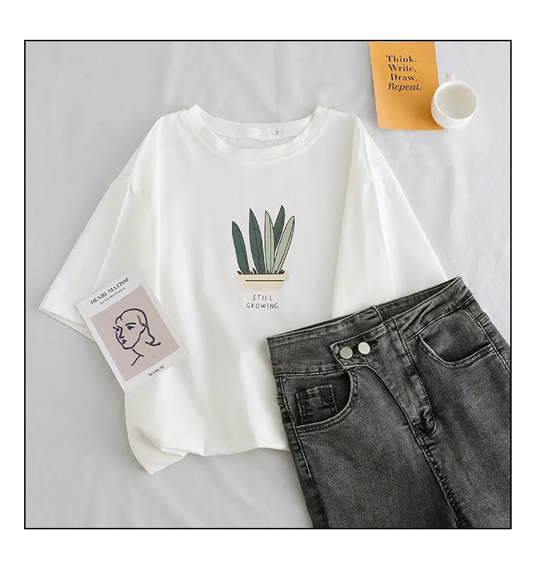 Short Sleeve T-Shirt Women Loose Minimalist Summer Popular cecWhite INS Round-Neck Half Sleeved Fresh Looking Tops T-Shirt