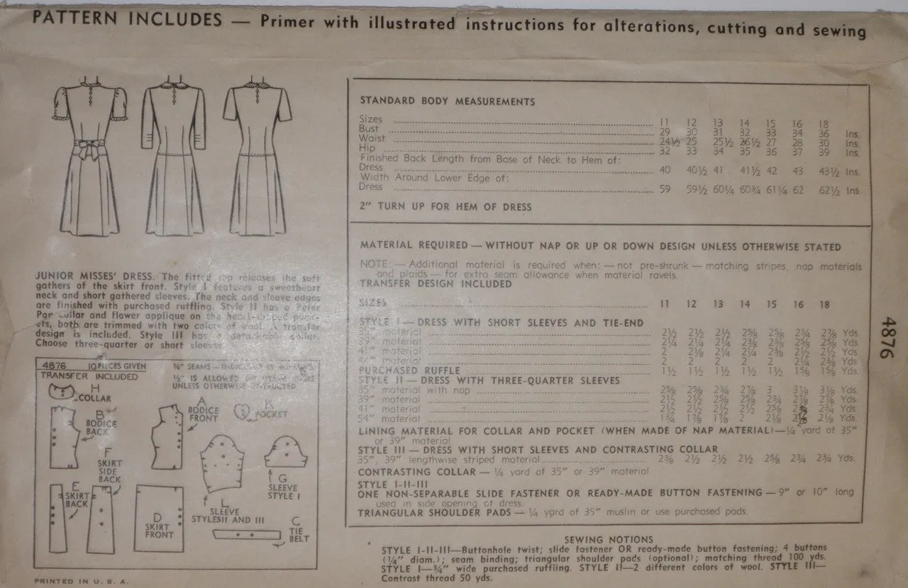 Simplicity 4876 1940's Wartime vintage dress pattern 33" bust