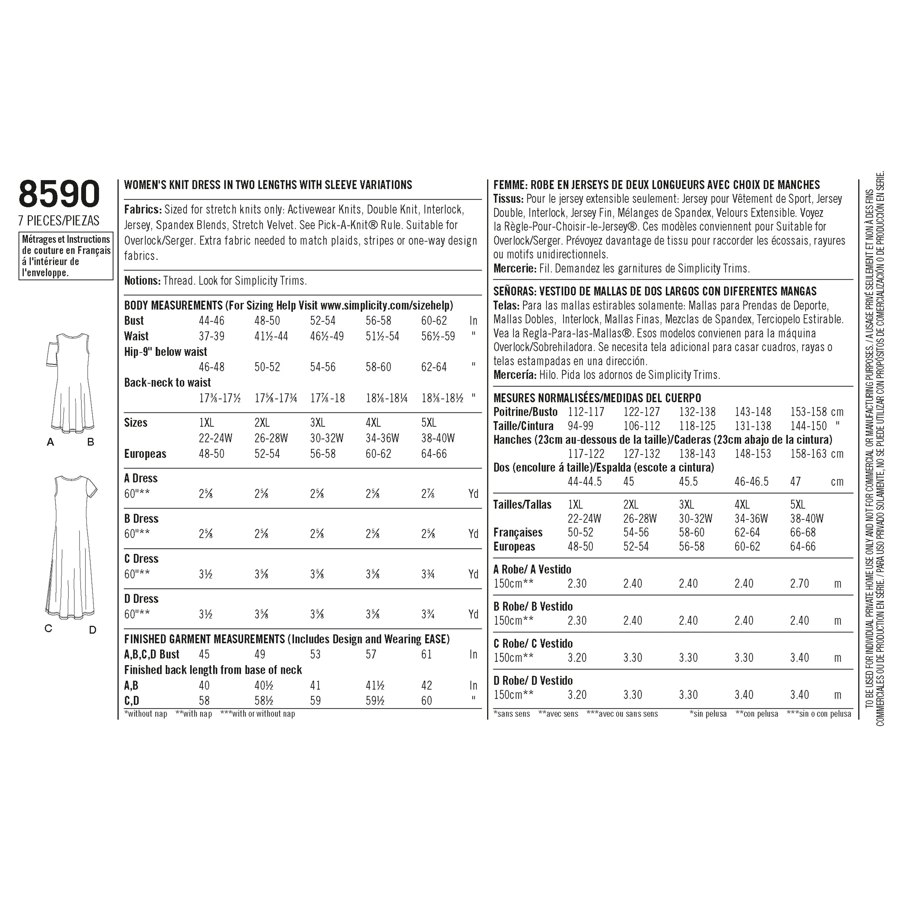 Simplicity S8590 Women's Knit Dresses (1XL-2XL-3XL-4XL-5XL)