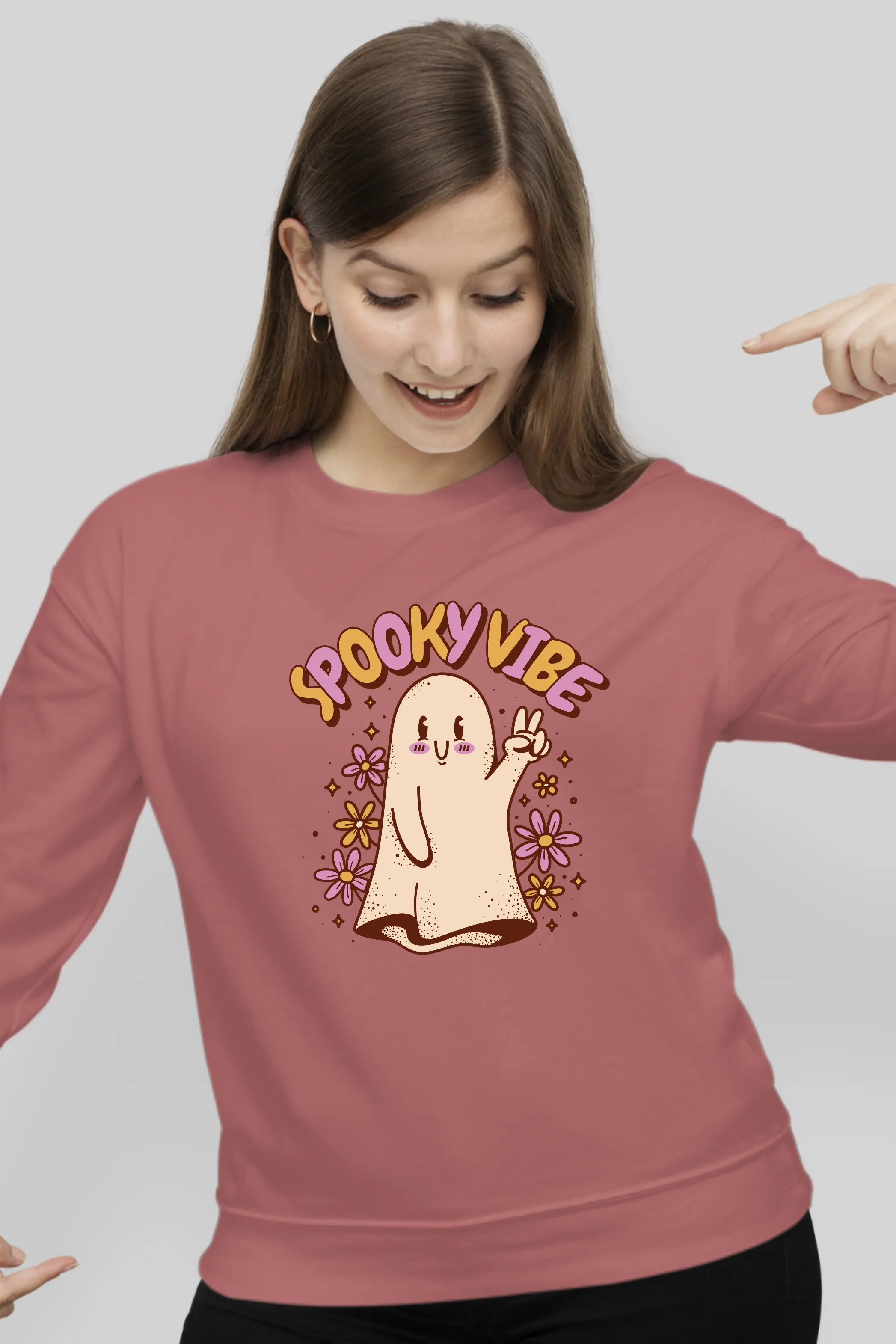 Spooky Vibe Cute Ghost Printed Sweatshirt for women
