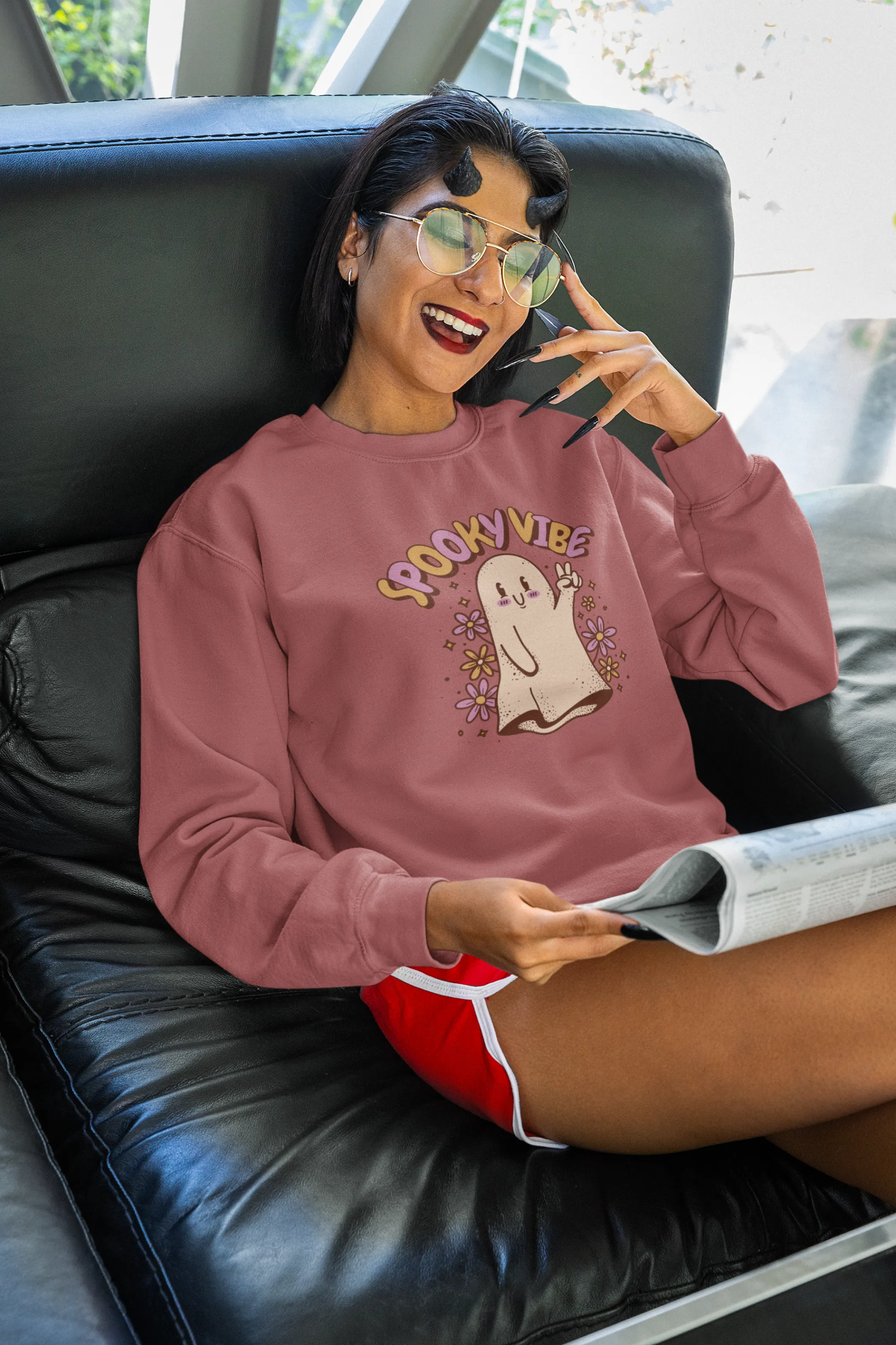 Spooky Vibe Cute Ghost Printed Sweatshirt for women