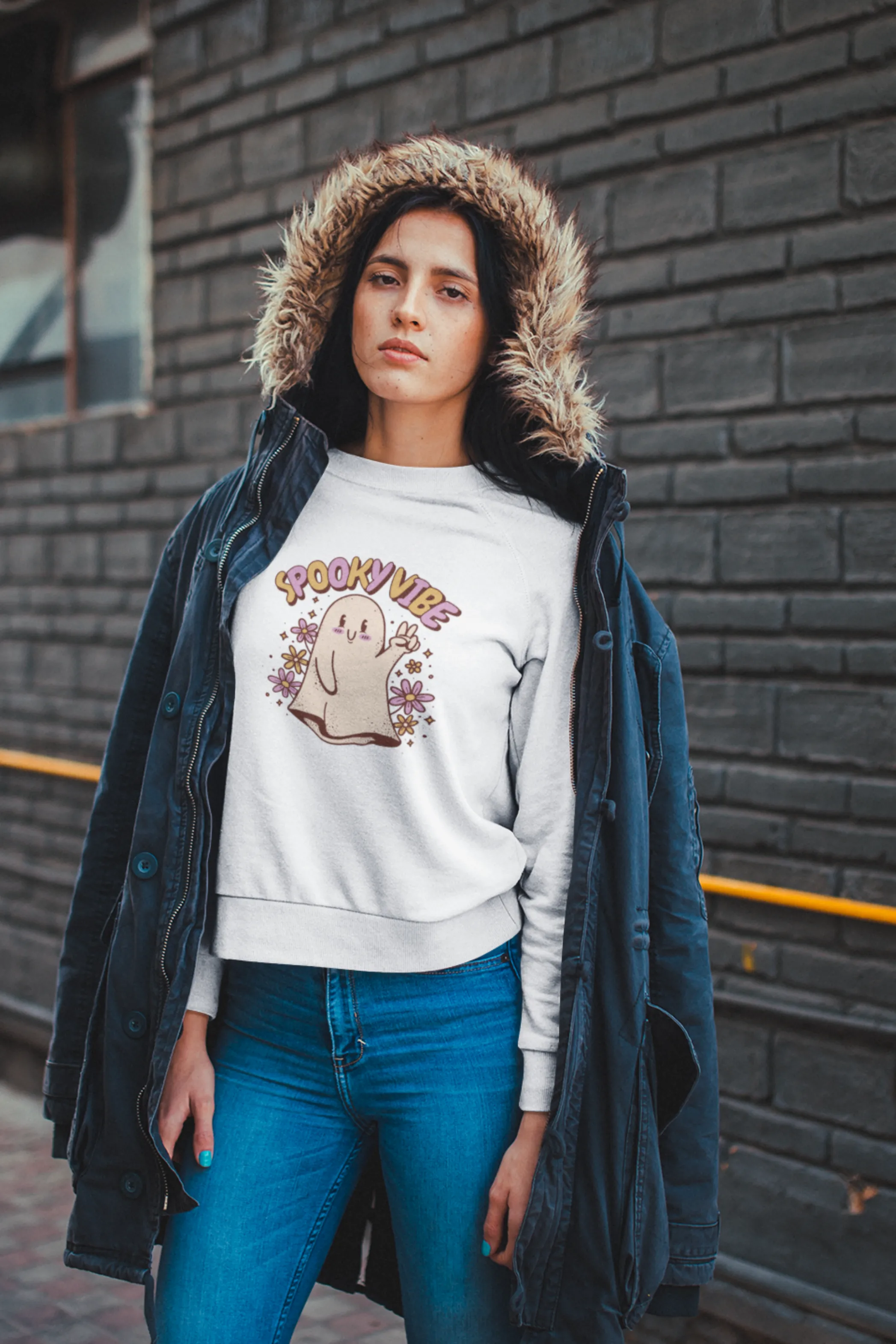 Spooky Vibe Cute Ghost Printed Sweatshirt for women