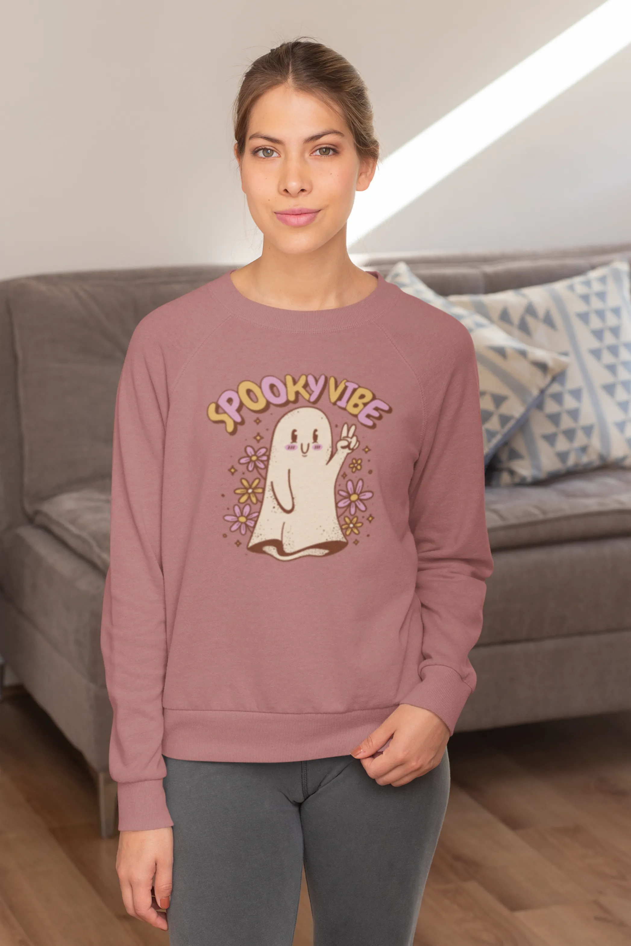Spooky Vibe Cute Ghost Printed Sweatshirt for women