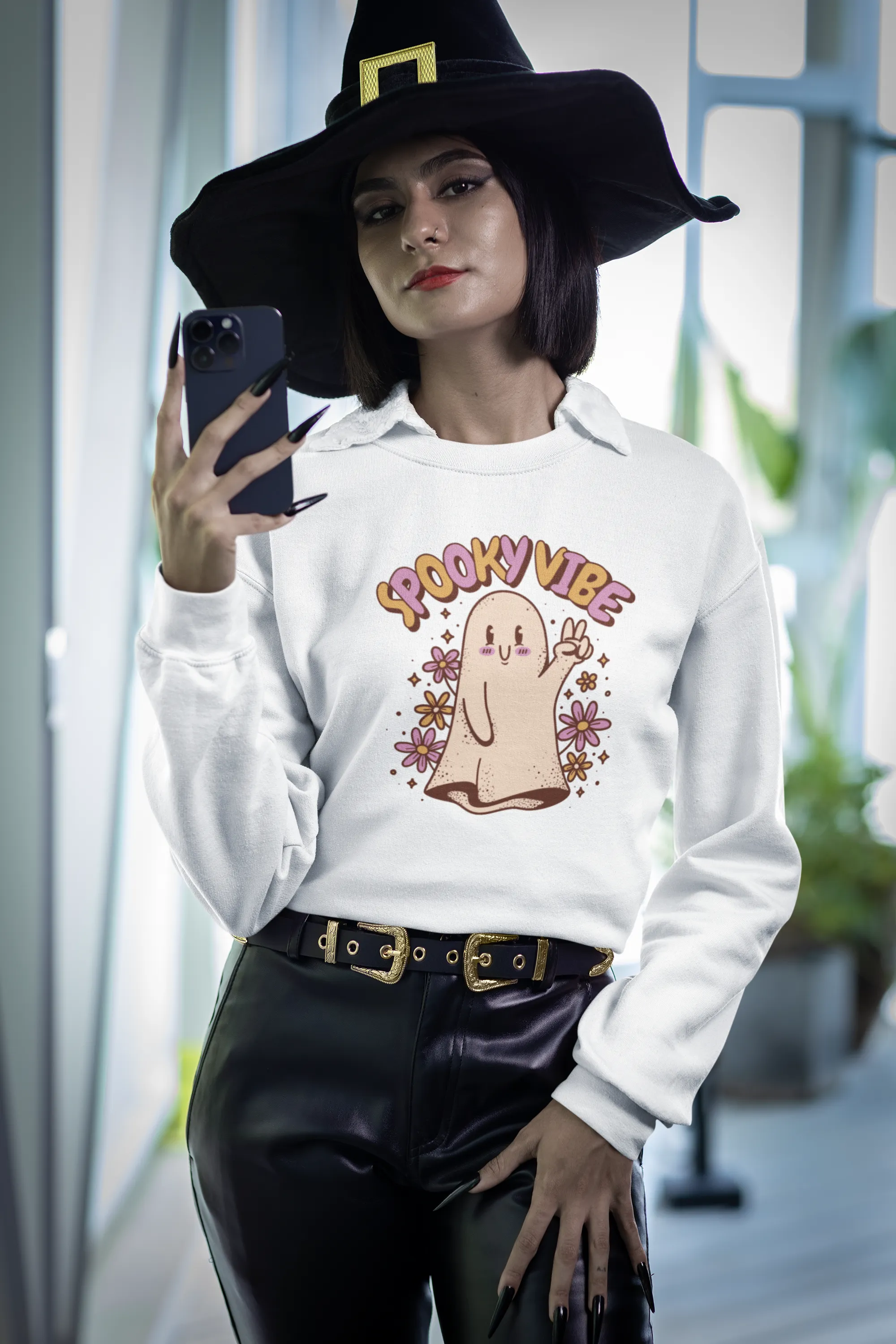 Spooky Vibe Cute Ghost Printed Sweatshirt for women
