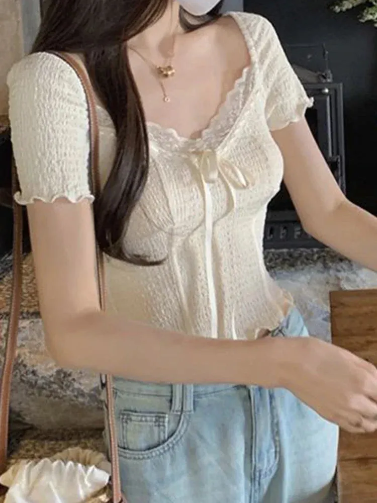 Sweet Lace Korean Kawaii Female Crop Tees Blouse