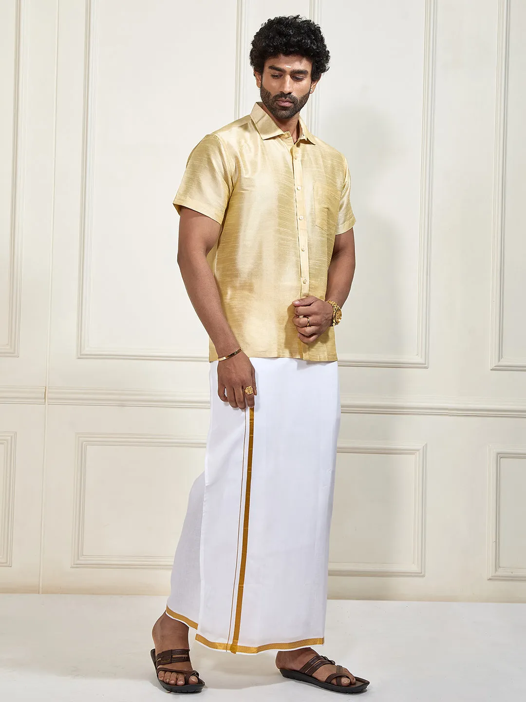 VASTRAMAY Men's Gold Silk Blend Shirt And Mundu