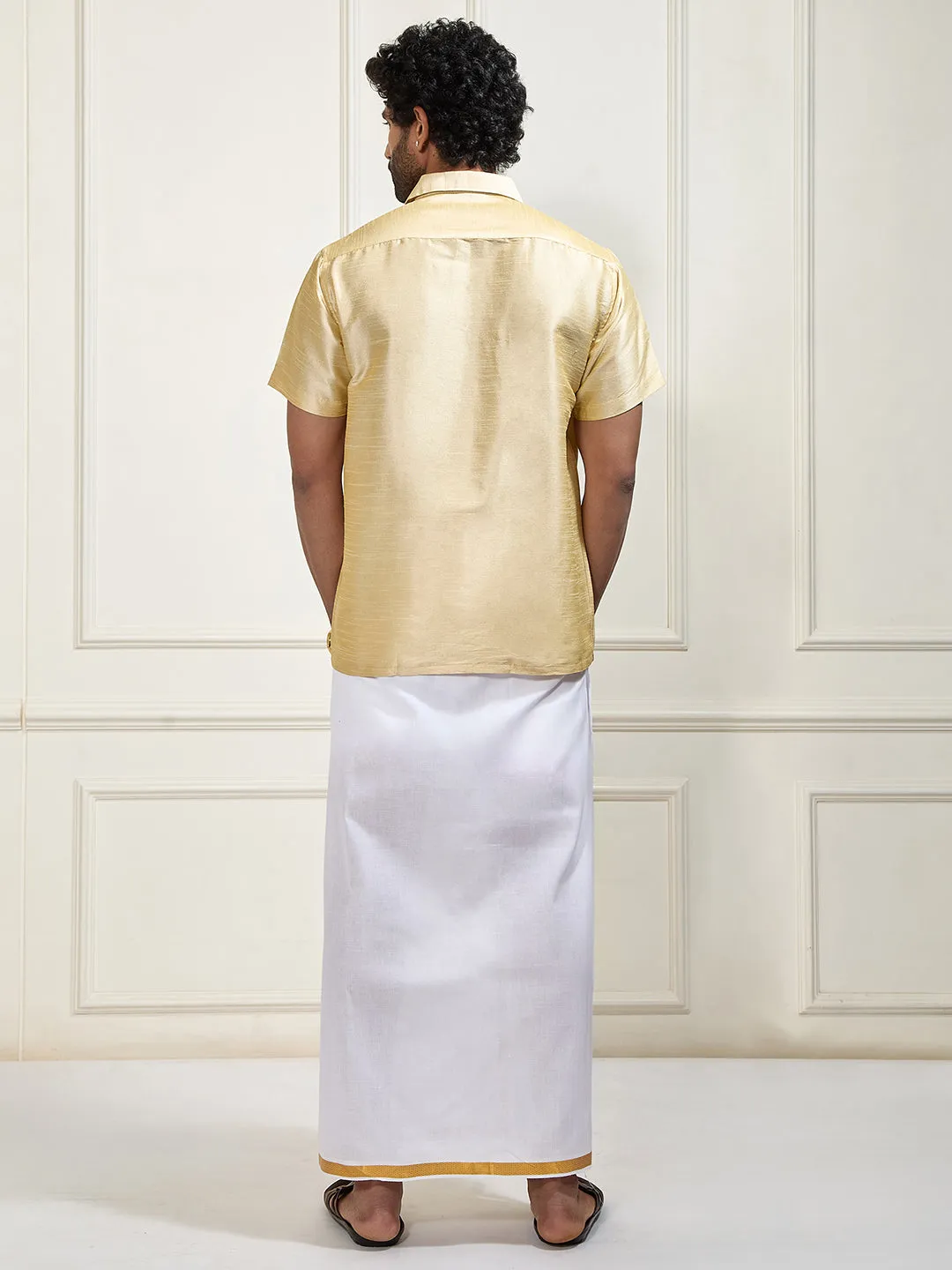 VASTRAMAY Men's Gold Silk Blend Shirt And Mundu