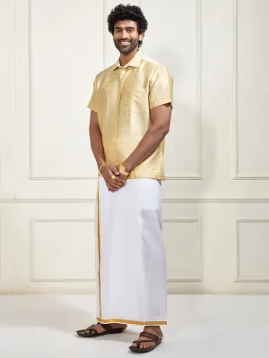 VASTRAMAY Men's Gold Silk Blend Shirt And Mundu