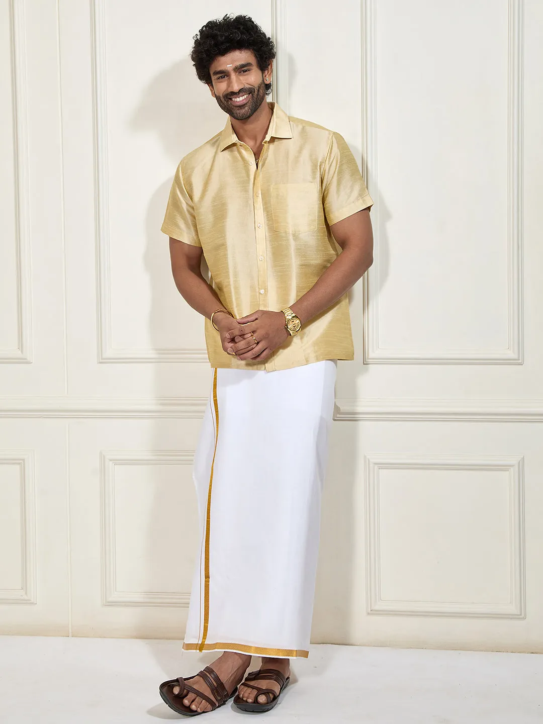 VASTRAMAY Men's Gold Silk Blend Shirt And Mundu