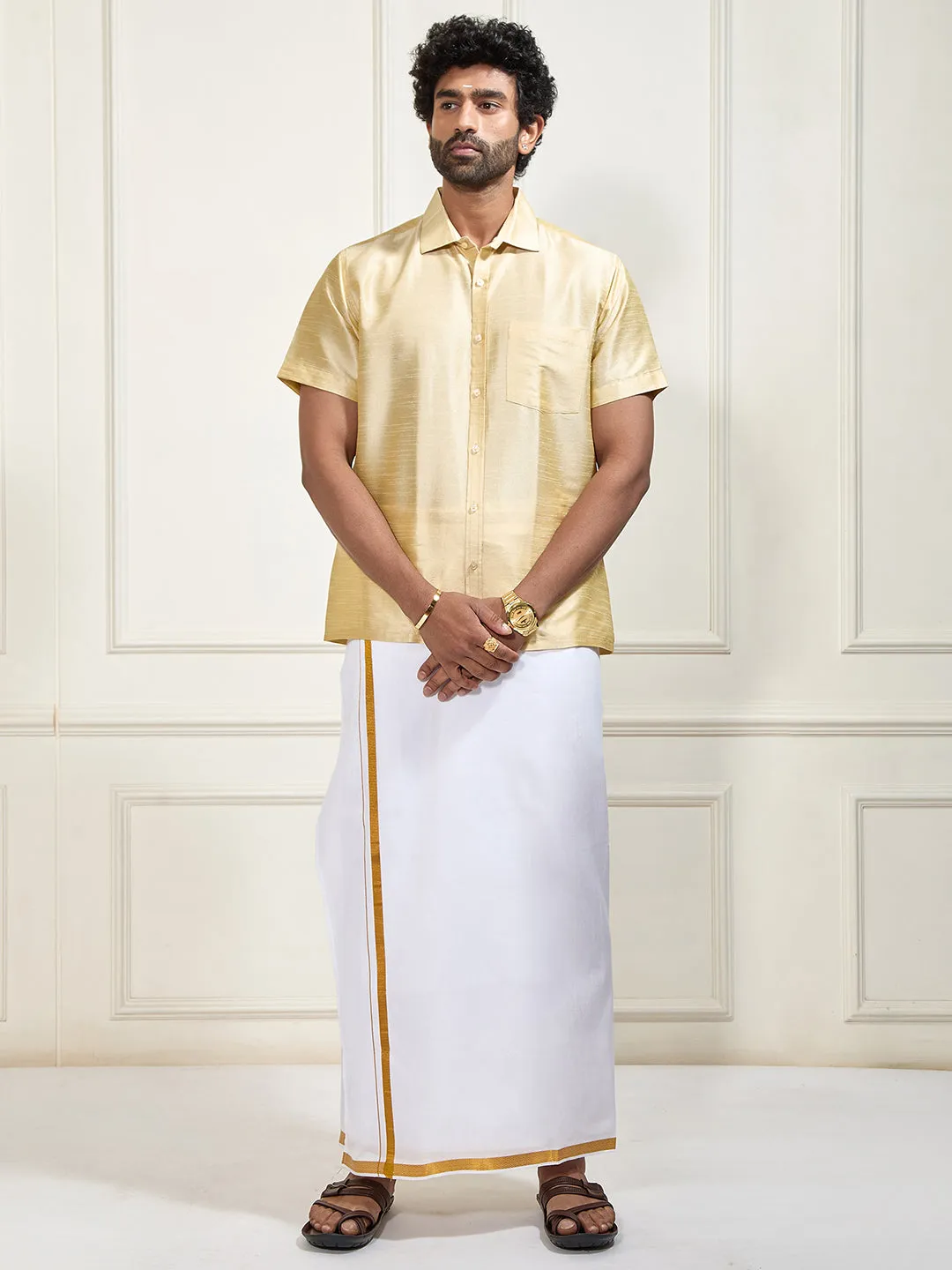 VASTRAMAY Men's Gold Silk Blend Shirt And Mundu