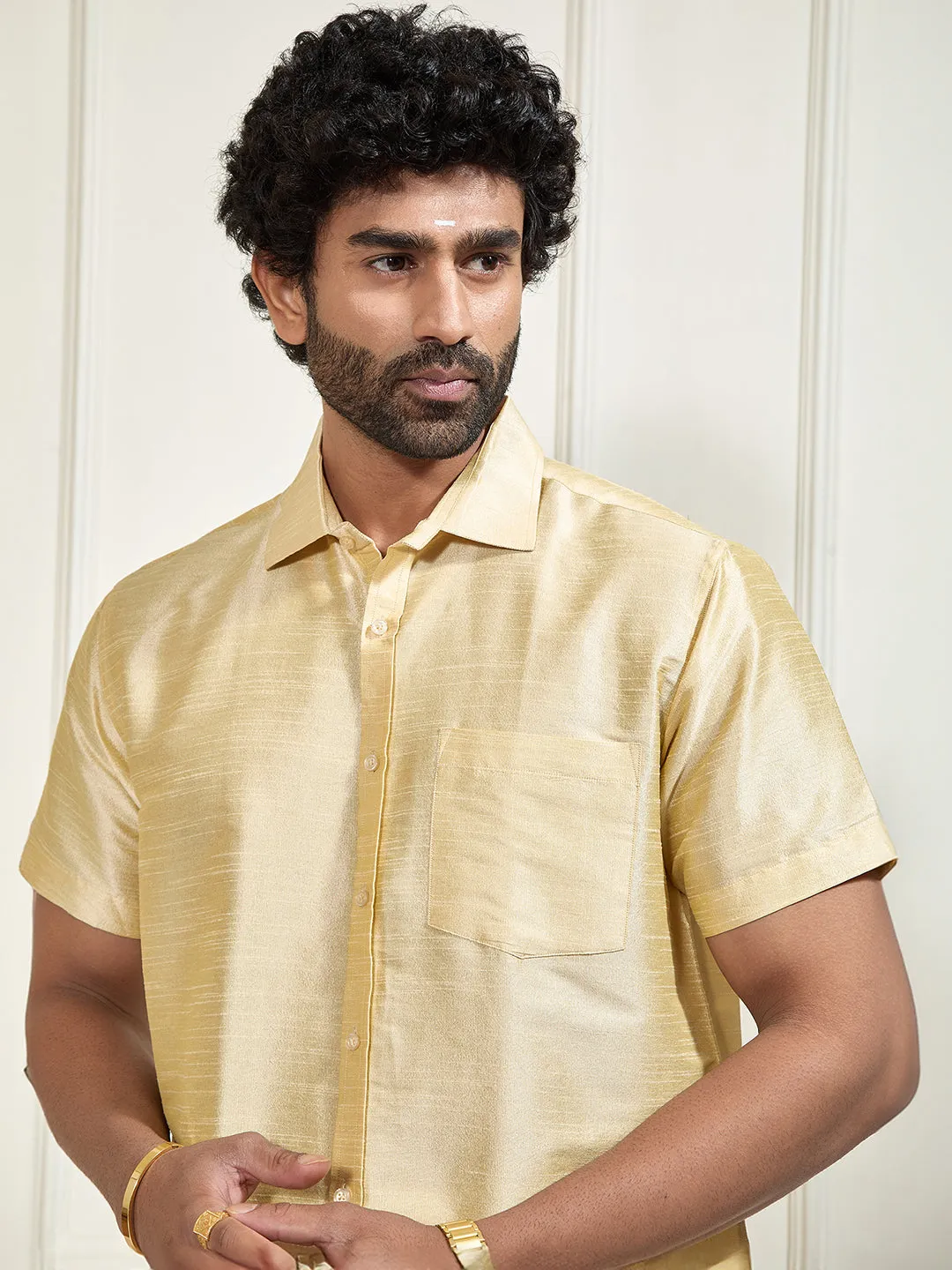 VASTRAMAY Men's Gold Silk Blend Shirt And Mundu
