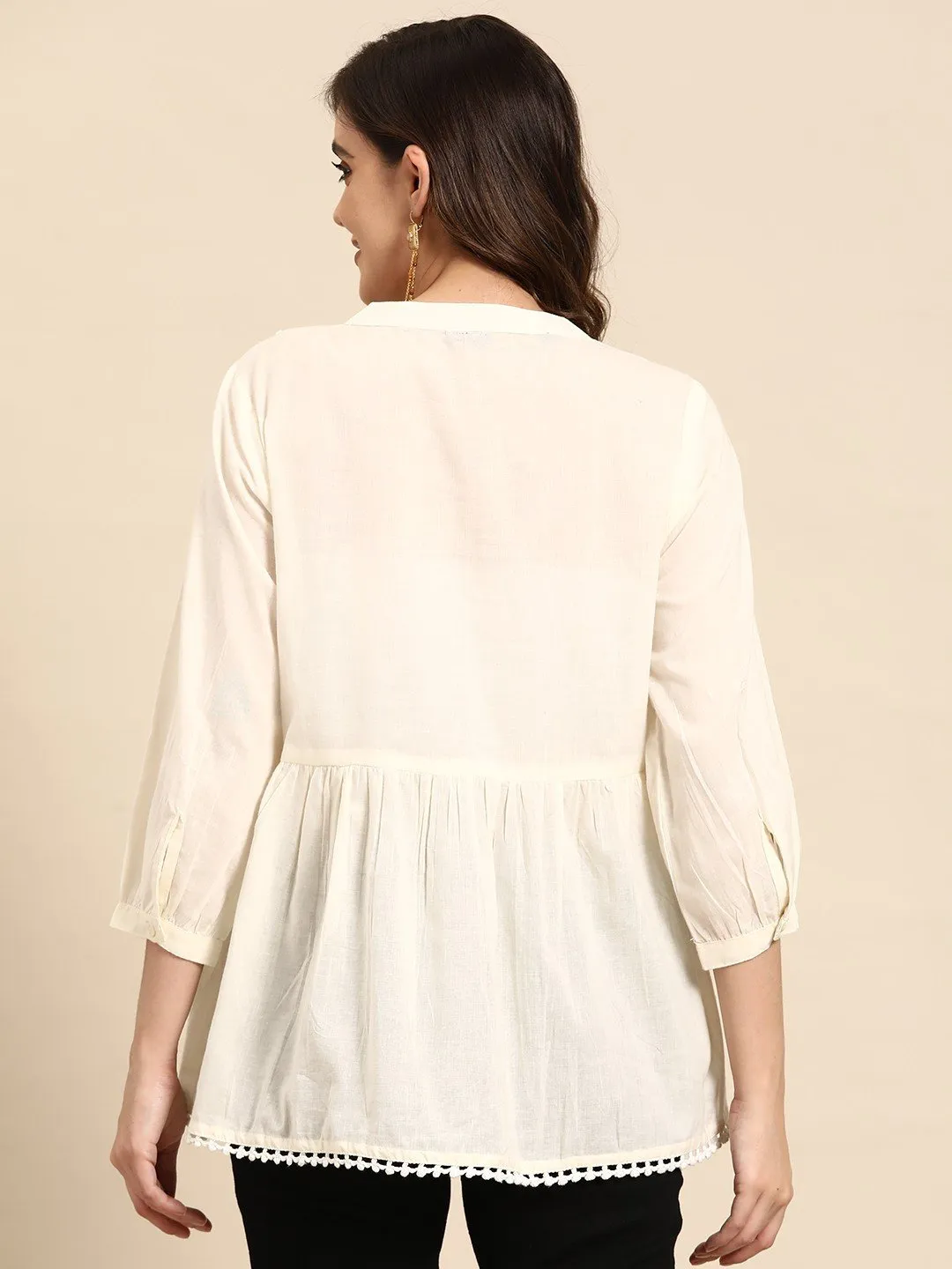 White A-Line Kurti with Ethnic Motifs Yoke Design