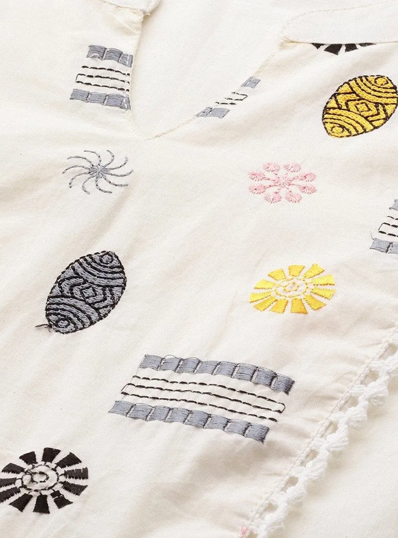 White A-Line Kurti with Ethnic Motifs Yoke Design