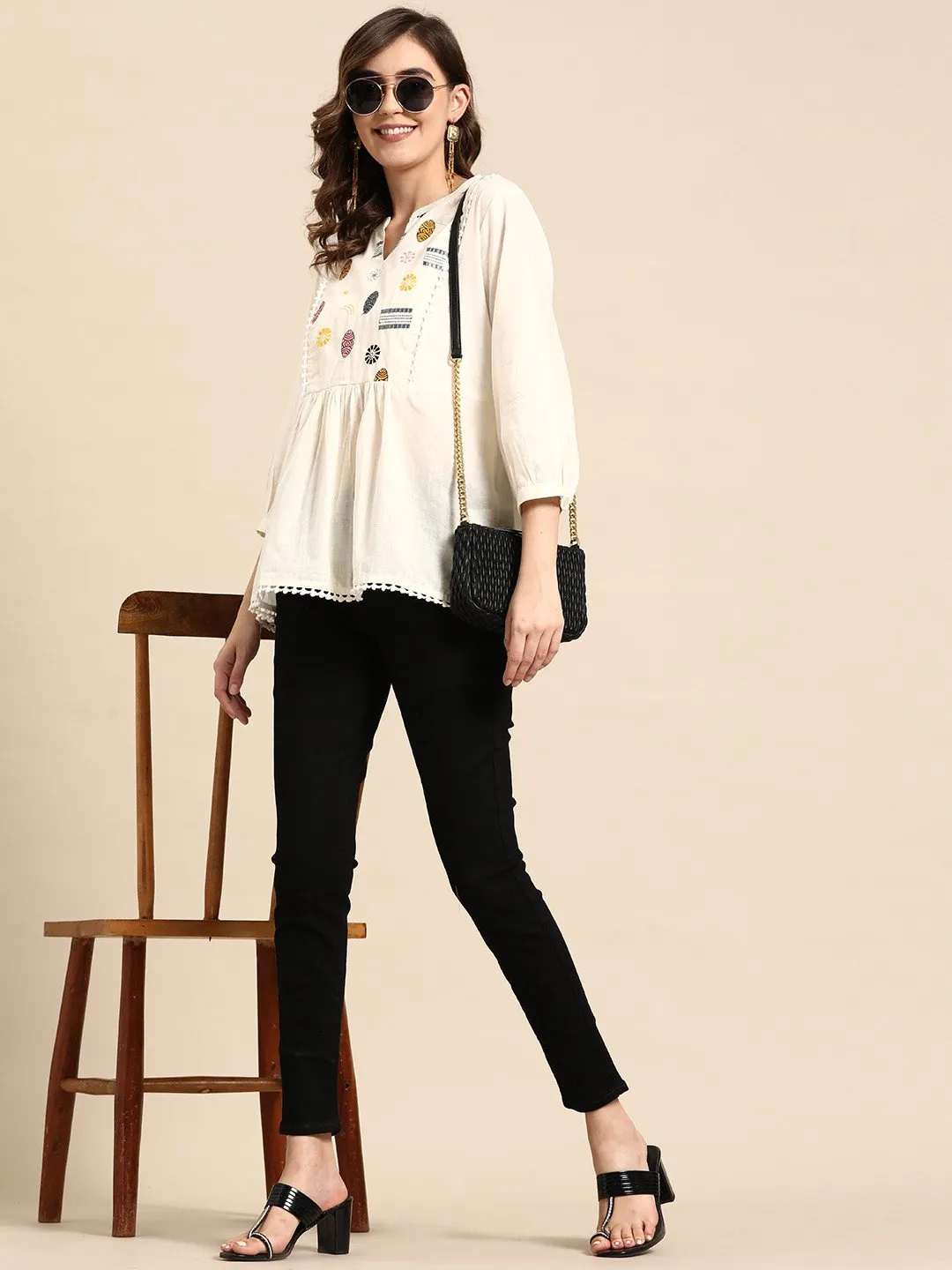 White A-Line Kurti with Ethnic Motifs Yoke Design