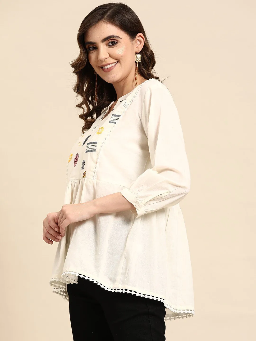 White A-Line Kurti with Ethnic Motifs Yoke Design