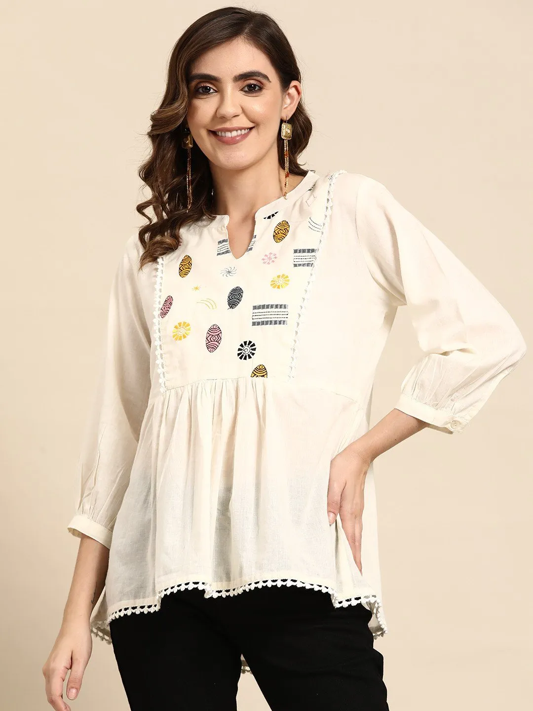 White A-Line Kurti with Ethnic Motifs Yoke Design