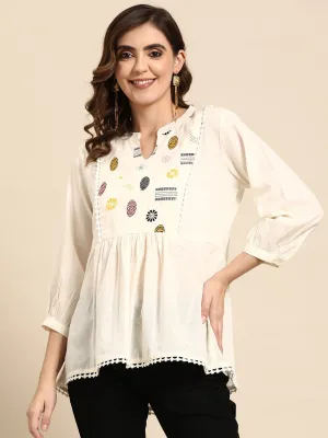 White A-Line Kurti with Ethnic Motifs Yoke Design