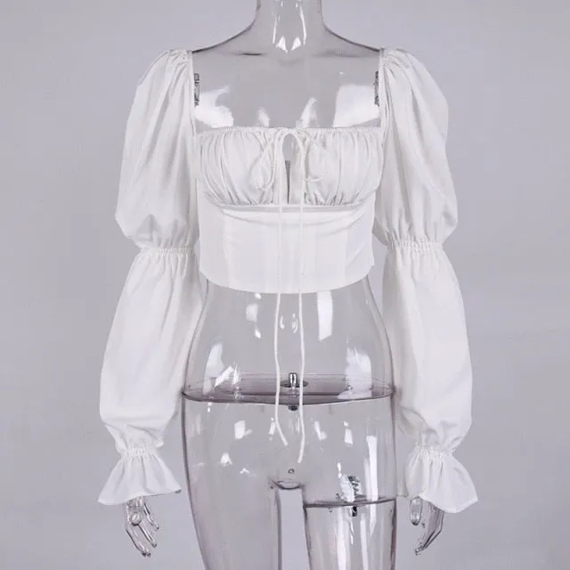 White Ruched Elegant Blouse Women Balloon Long Sleeve Fairy Princess Shirt 2021