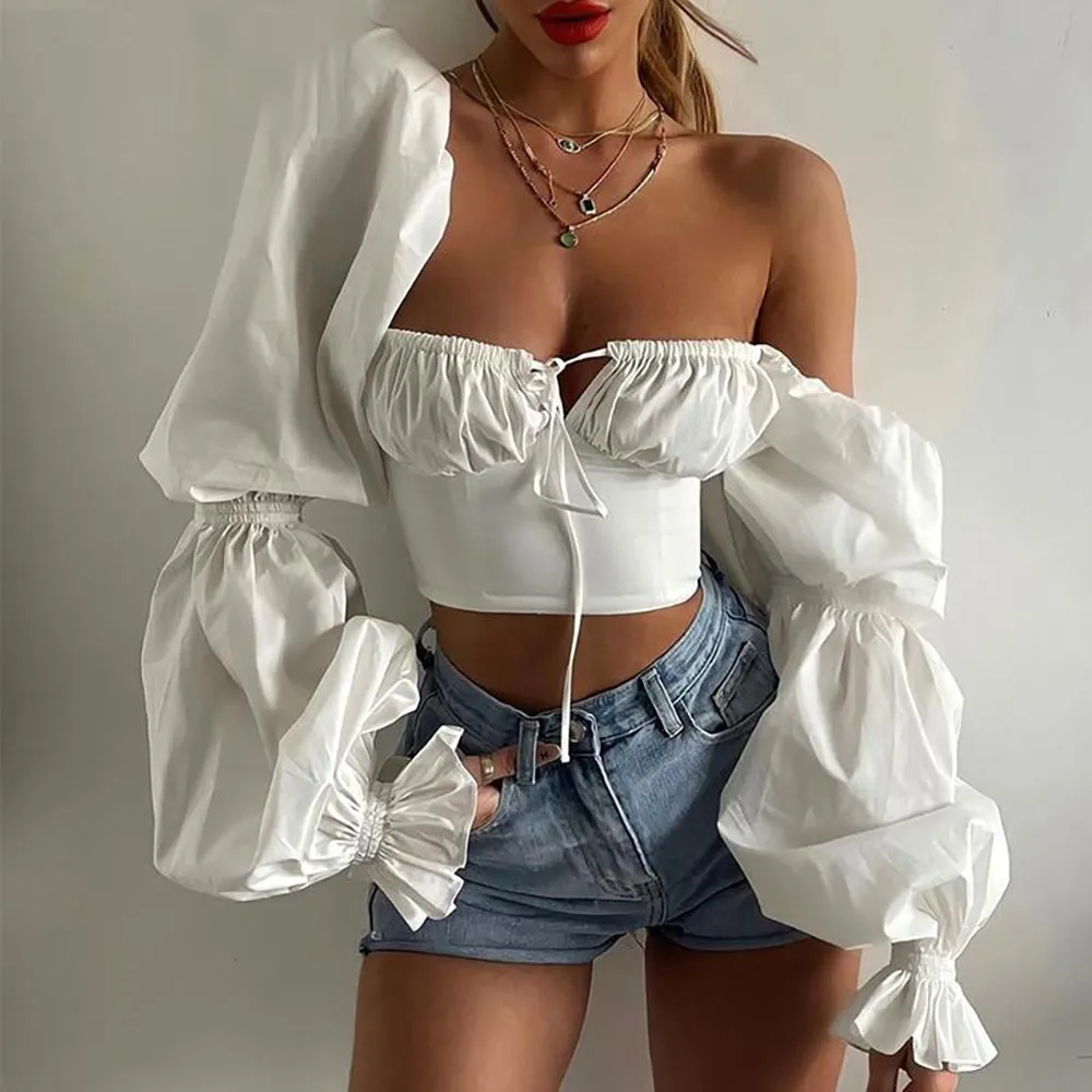 White Ruched Elegant Blouse Women Balloon Long Sleeve Fairy Princess Shirt 2021