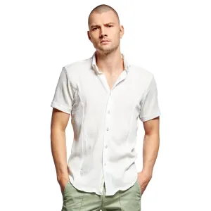 White Seersucker Short Sleeve Shirt With Green Button Stitching