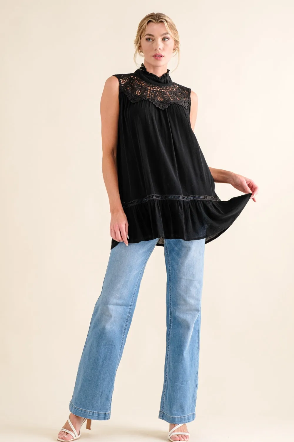 Women And The Why Lace Detail Sleeveless Ruffled Black Top