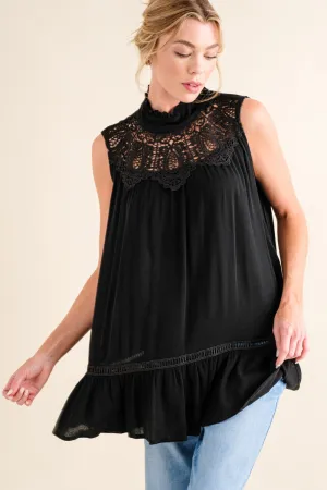 Women And The Why Lace Detail Sleeveless Ruffled Black Top